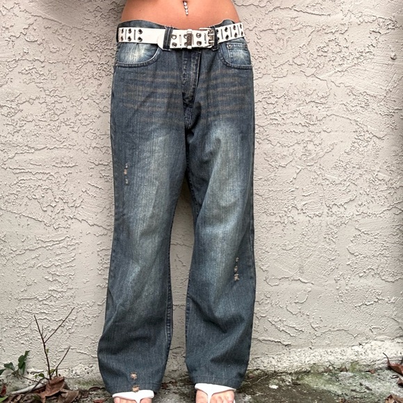 Y2k Distressed Dark Wash Fusai Baggy Jeans - Picture 3 of 10